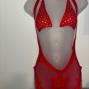 Red Rhinestone Bikini Set